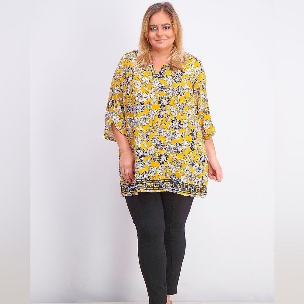 Magnolia Grace Womens Size 1X Mustard & Blue Floral Tunic Top Embroidered Trim - Picture 2 of 11